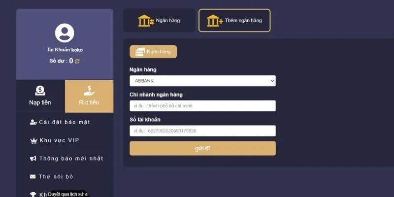 Form điền thông tin rút tiền V9Bet trong hệ thống 